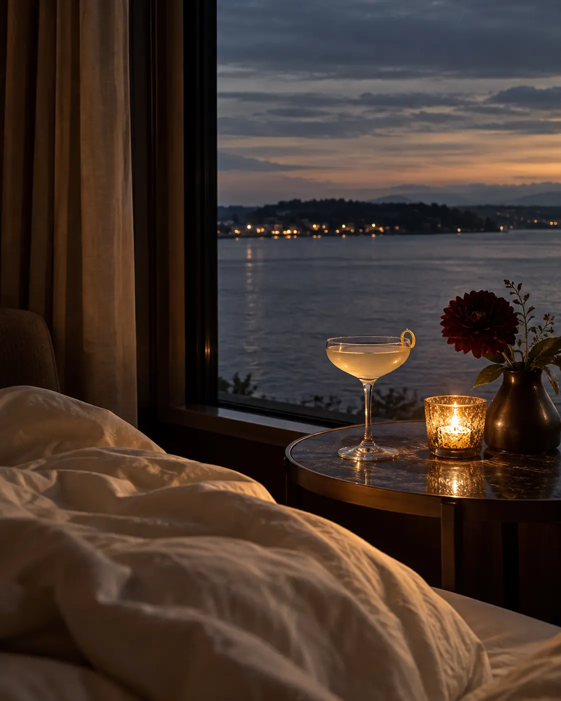 A French 75 beside candlelight and water at dusk